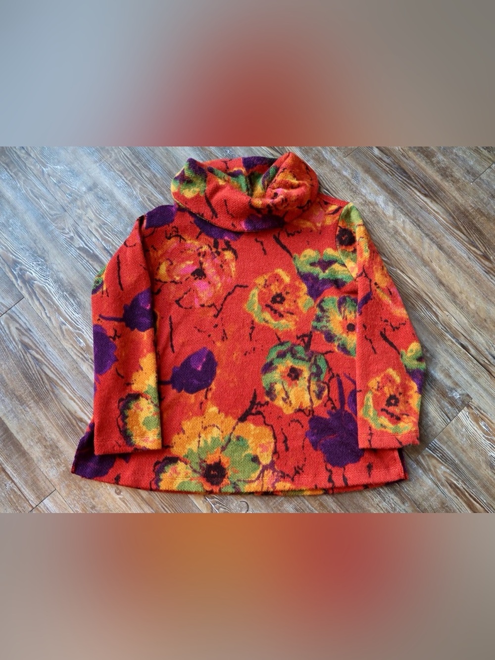 Ali Miles Abstract Floral Cowl Neck Sweater Top Artsy Lagenlook Womens Medium
